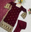 Load image into Gallery viewer, Maroon Designer Luxury Faux Blooming Suit Set with Heavy Sequins &amp; Cording Zari Embroidery, Matching Pants and Embroidered Dupatta ClothsVilla