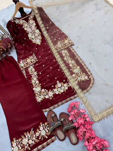 Maroon Designer Party Wear Chinon Silk Plazzo Set – Exquisite Embroidery & Handwork ClothsVilla