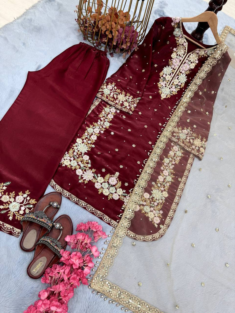 Maroon Designer Party Wear Chinon Silk Plazzo Set – Exquisite Embroidery & Handwork ClothsVilla