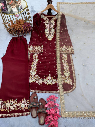 Maroon Designer Party Wear Chinon Silk Plazzo Set – Exquisite Embroidery & Handwork ClothsVilla