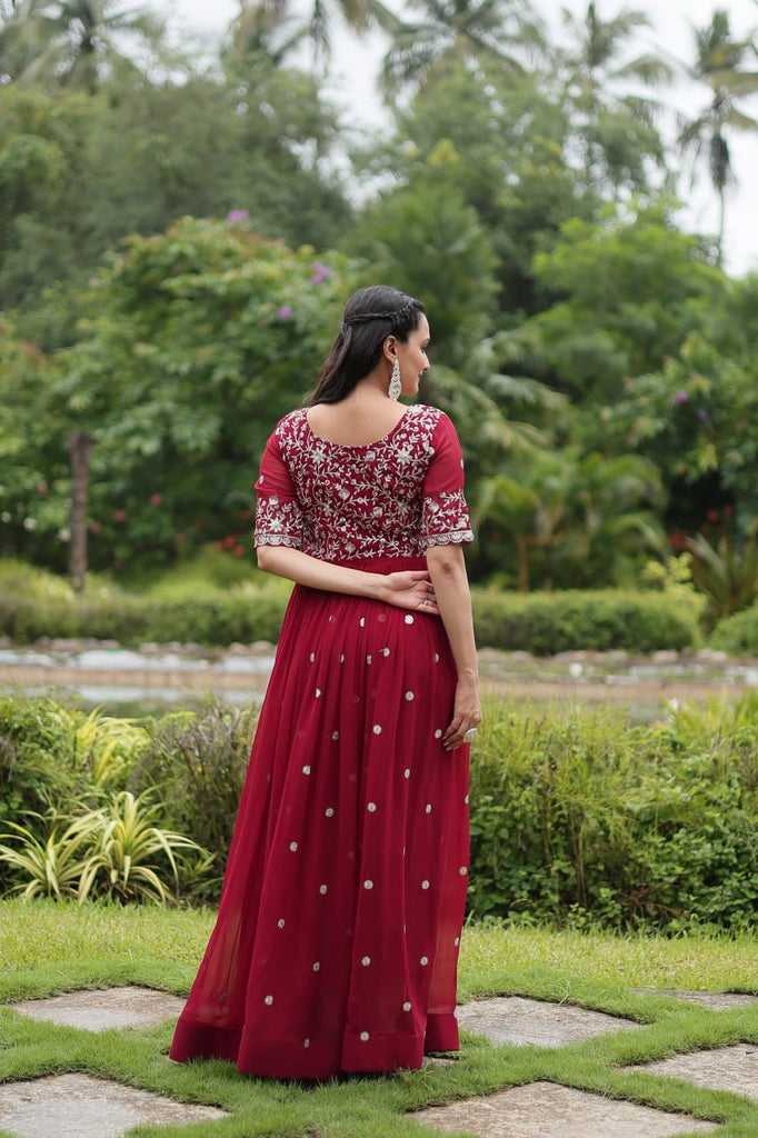 Maroon Designer Readymade Gown with Zari-Thread & Sequins Embroidery Clothsvilla