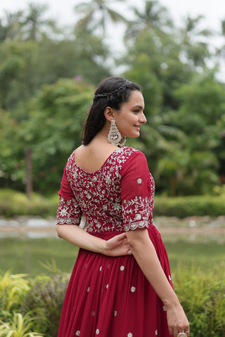 Maroon Designer Readymade Gown with Zari-Thread & Sequins Embroidery Clothsvilla