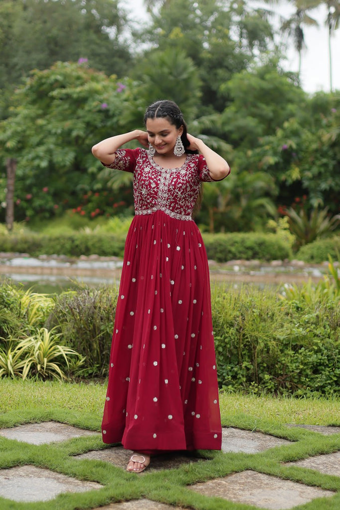 Maroon Designer Readymade Gown with Zari-Thread & Sequins Embroidery Clothsvilla