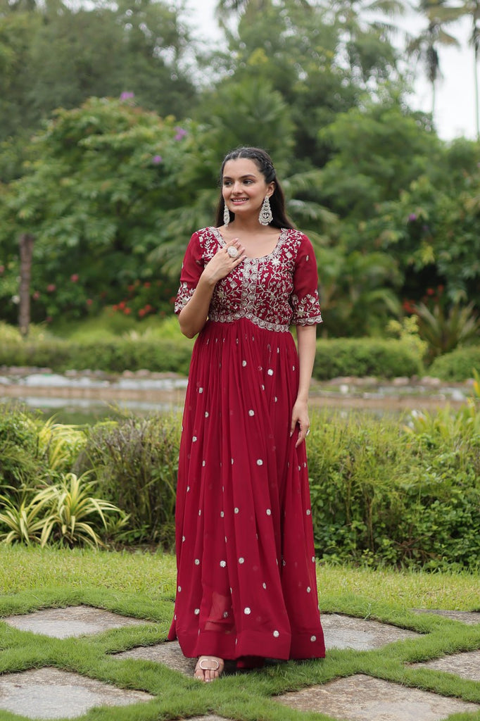 Maroon Designer Readymade Gown with Zari-Thread & Sequins Embroidery Clothsvilla