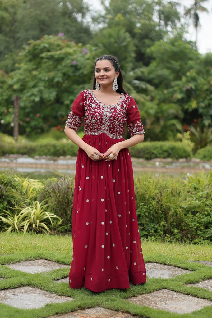 Maroon Designer Readymade Gown with Zari-Thread & Sequins Embroidery Clothsvilla