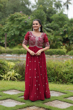 Load image into Gallery viewer, Maroon Designer Readymade Gown with Zari-Thread &amp; Sequins Embroidery Clothsvilla