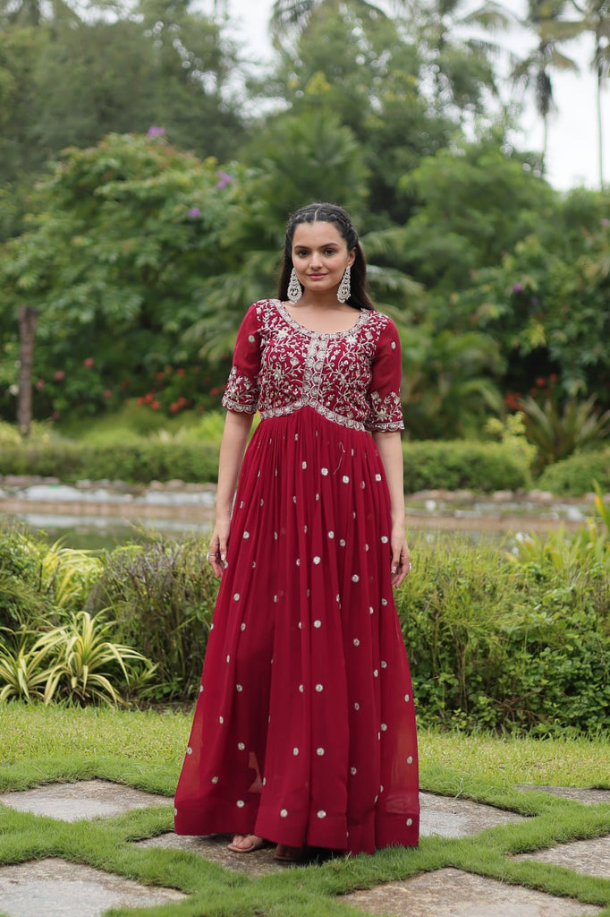 Maroon Designer Readymade Gown with Zari-Thread & Sequins Embroidery Clothsvilla