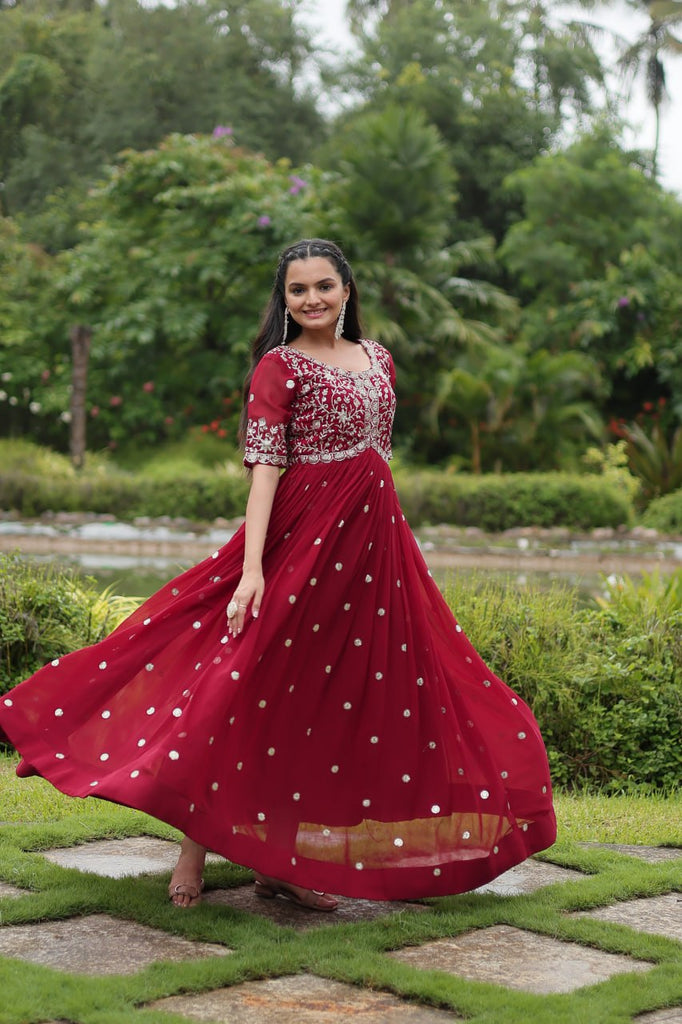 Maroon Designer Readymade Gown with Zari-Thread & Sequins Embroidery Clothsvilla