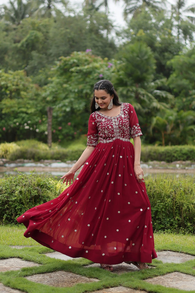 Maroon Designer Readymade Gown with Zari-Thread & Sequins Embroidery Clothsvilla