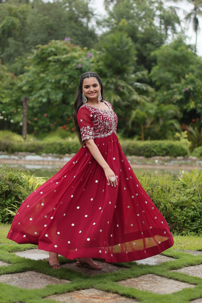 Maroon Designer Readymade Gown with Zari-Thread & Sequins Embroidery Clothsvilla