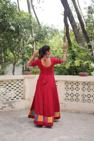 Maroon Designer Roman Fabric Gown with Multicolor Thread & Mirror Work ClothsVilla