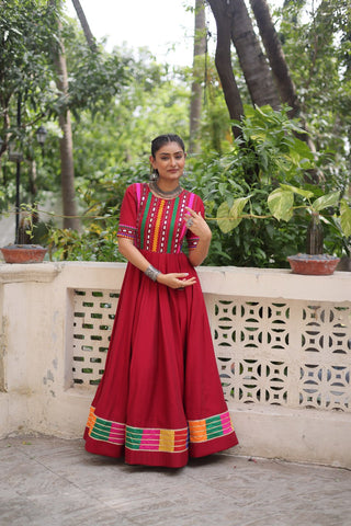 Maroon Designer Roman Fabric Gown with Multicolor Thread & Mirror Work ClothsVilla