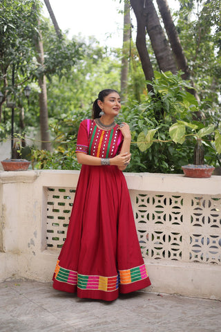 Maroon Designer Roman Fabric Gown with Multicolor Thread & Mirror Work ClothsVilla