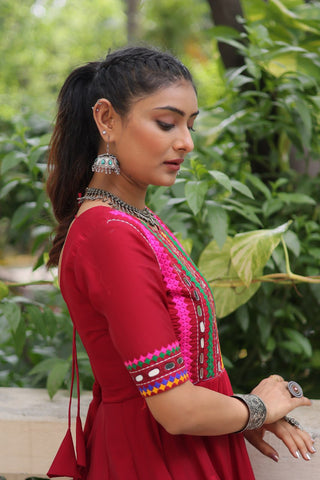 Maroon Designer Roman Fabric Gown with Multicolor Thread & Mirror Work ClothsVilla