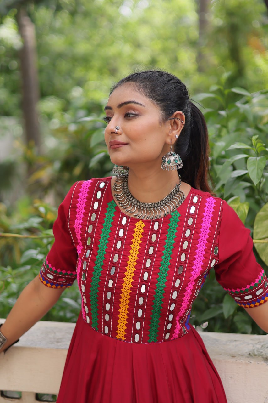 Maroon Designer Roman Fabric Gown with Multicolor Thread & Mirror Work ClothsVilla