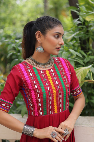 Maroon Designer Roman Fabric Gown with Multicolor Thread & Mirror Work ClothsVilla