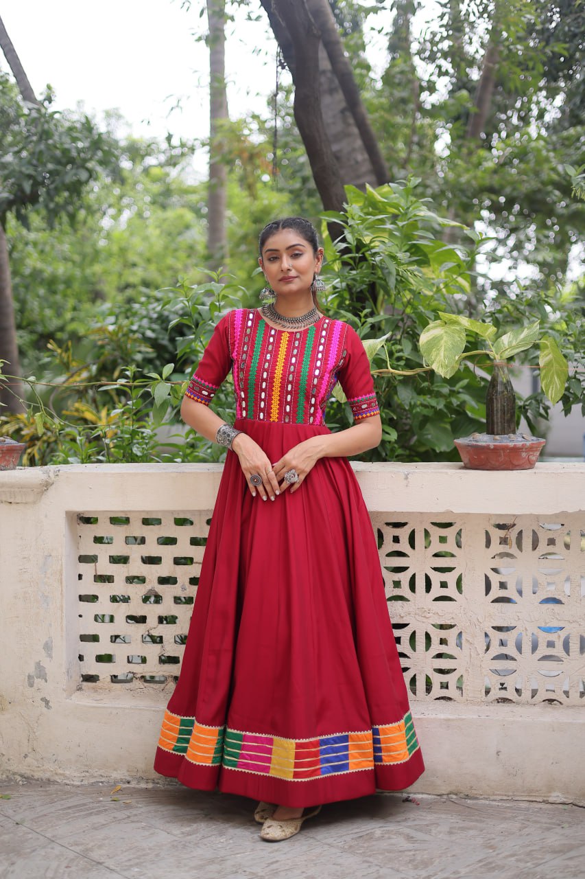 Maroon Designer Roman Fabric Gown with Multicolor Thread & Mirror Work ClothsVilla