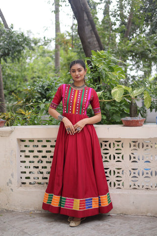 Maroon Designer Roman Fabric Gown with Multicolor Thread & Mirror Work ClothsVilla