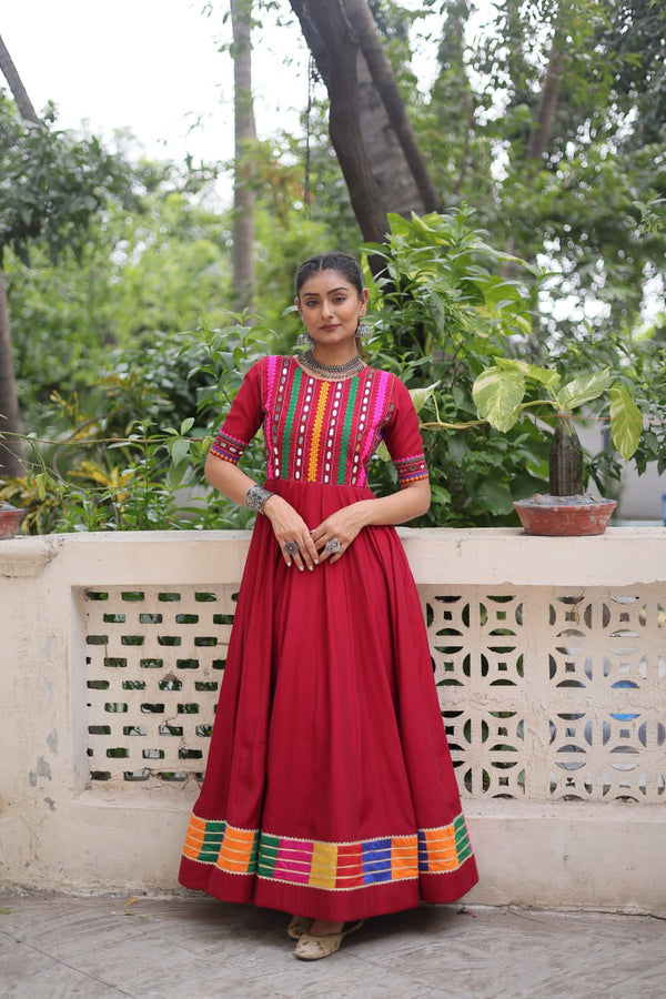 Maroon Designer Roman Fabric Gown with Multicolor Thread & Mirror Work ClothsVilla