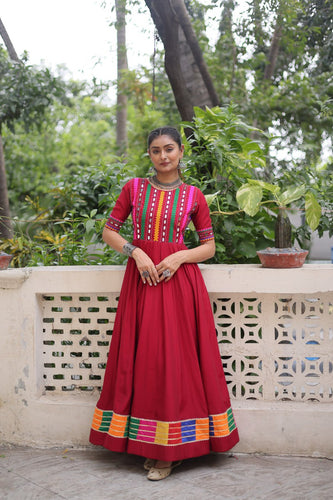 Maroon Designer Roman Fabric Gown with Multicolor Thread & Mirror Work ClothsVilla