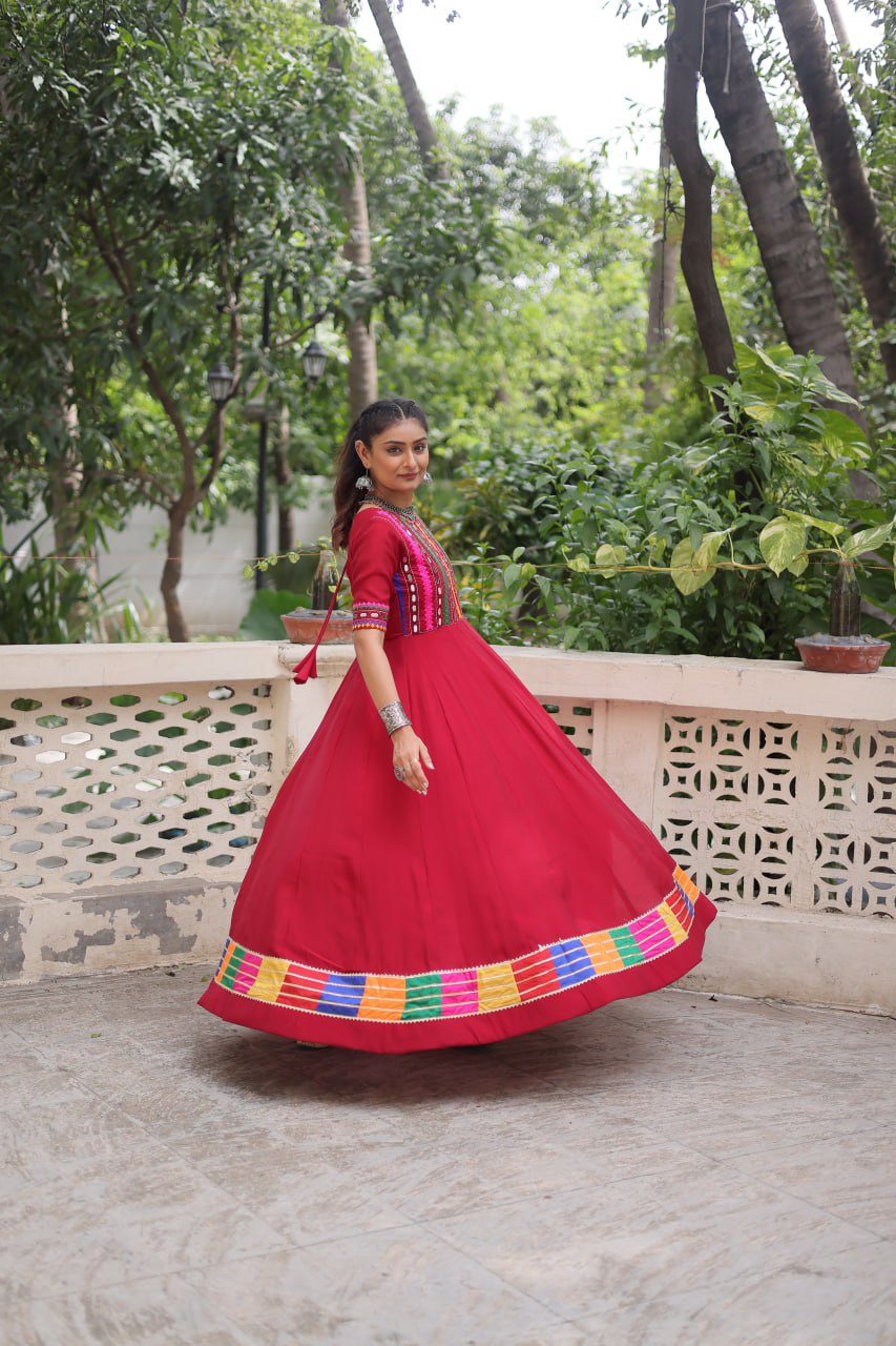 Maroon Designer Roman Fabric Gown with Multicolor Thread & Mirror Work ClothsVilla