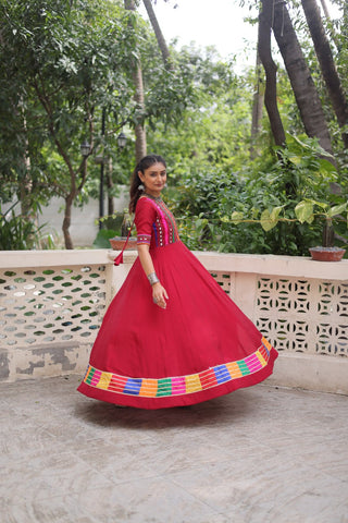Maroon Designer Roman Fabric Gown with Multicolor Thread & Mirror Work ClothsVilla