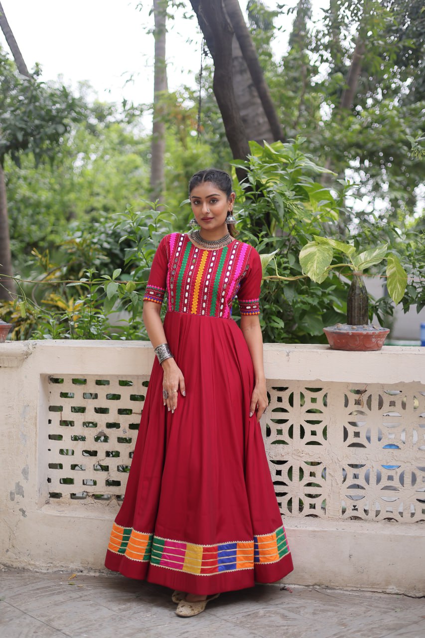 Maroon Designer Roman Fabric Gown with Multicolor Thread & Mirror Work ClothsVilla