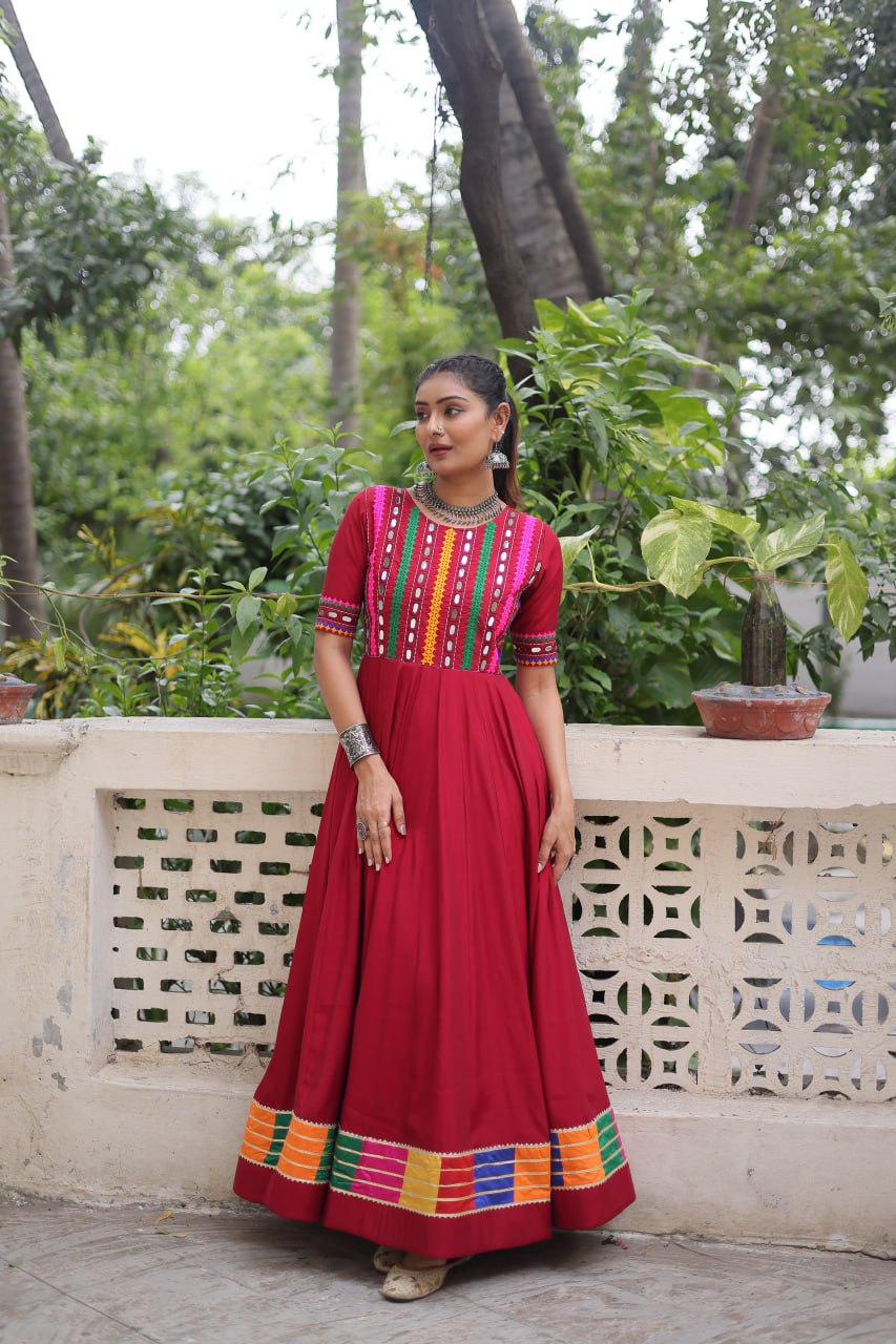 Maroon Designer Roman Fabric Gown with Multicolor Thread & Mirror Work ClothsVilla