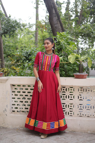 Maroon Designer Roman Fabric Gown with Multicolor Thread & Mirror Work ClothsVilla