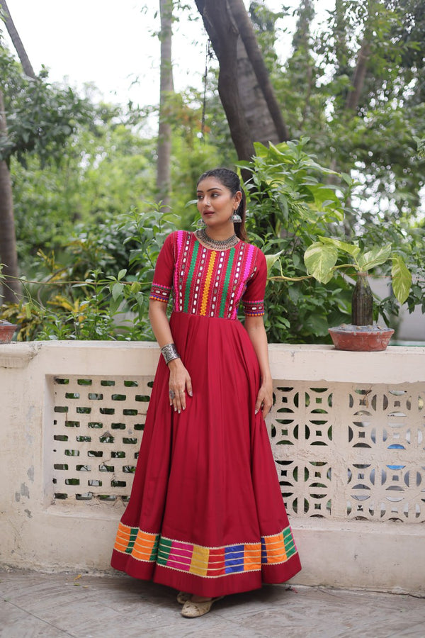 Maroon Designer Roman Fabric Gown with Multicolor Thread & Mirror Work ClothsVilla