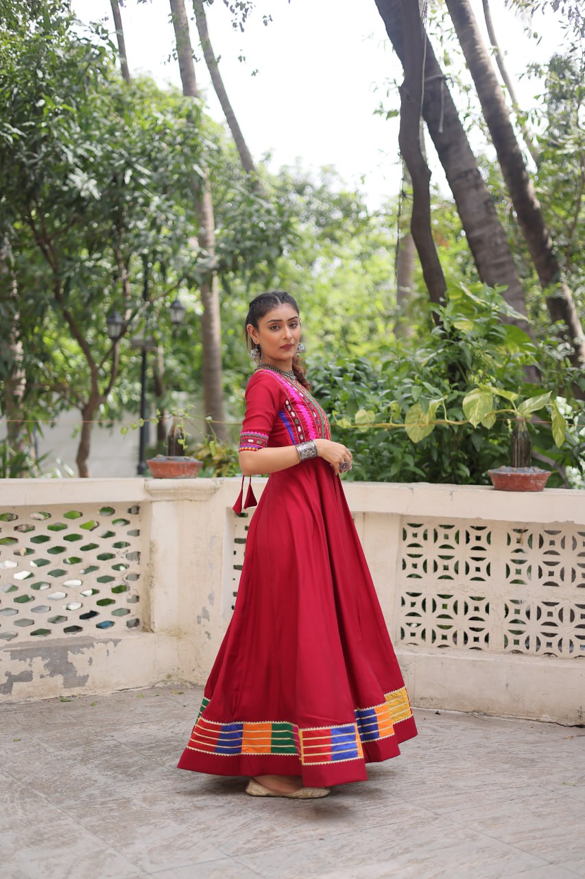 Maroon Designer Roman Fabric Gown with Multicolor Thread & Mirror Work ClothsVilla