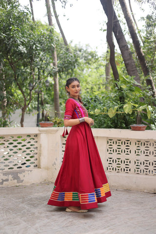 Maroon Designer Roman Fabric Gown with Multicolor Thread & Mirror Work ClothsVilla
