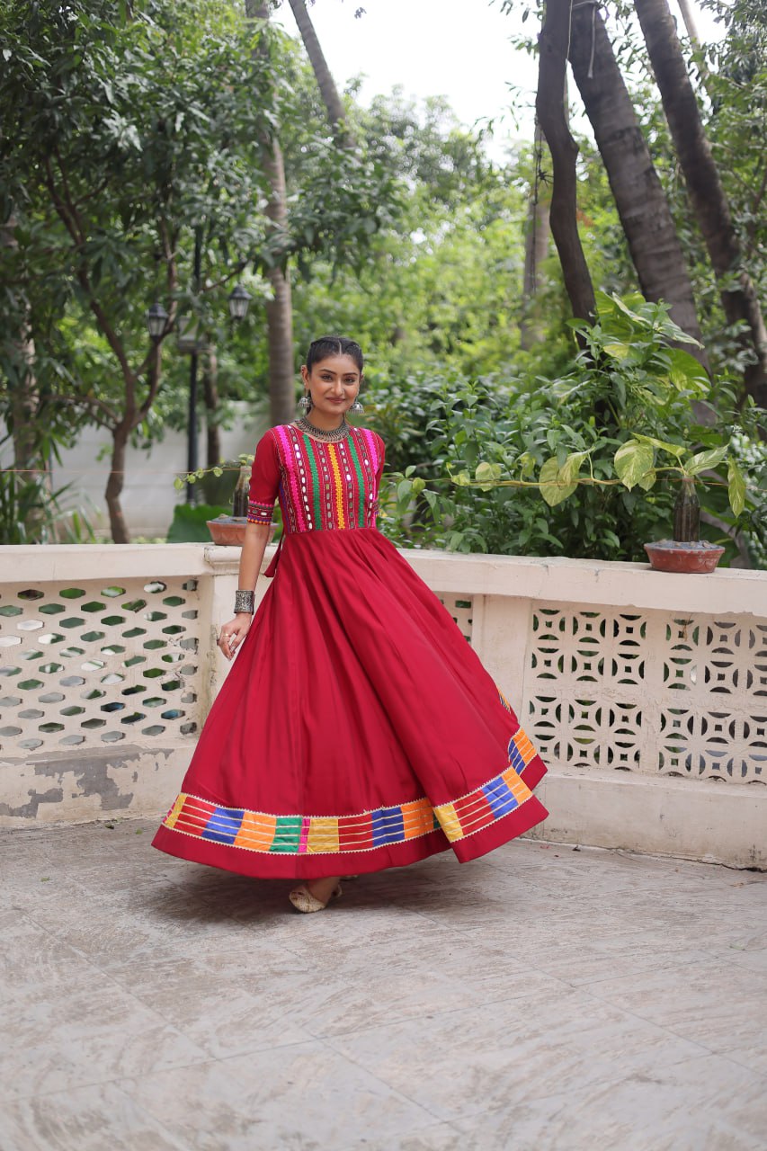 Maroon Designer Roman Fabric Gown with Multicolor Thread & Mirror Work ClothsVilla