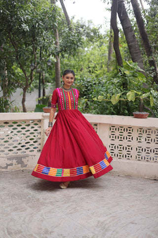 Maroon Designer Roman Fabric Gown with Multicolor Thread & Mirror Work ClothsVilla