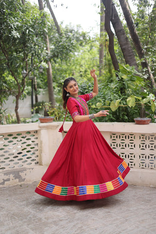 Maroon Designer Roman Fabric Gown with Multicolor Thread & Mirror Work ClothsVilla
