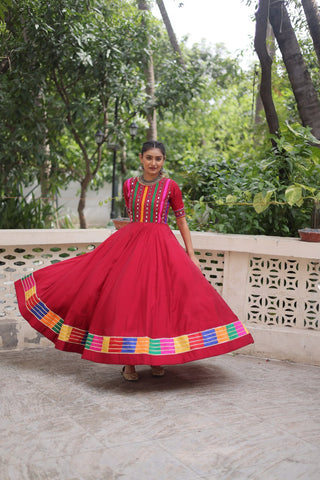 Maroon Designer Roman Fabric Gown with Multicolor Thread & Mirror Work ClothsVilla