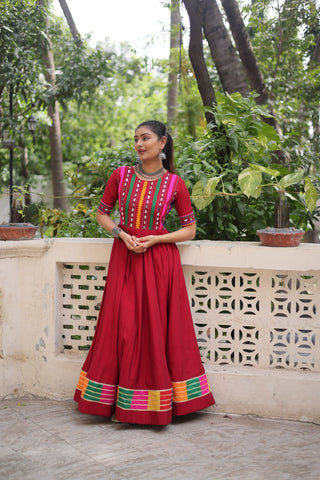 Maroon Designer Roman Fabric Gown with Multicolor Thread & Mirror Work ClothsVilla
