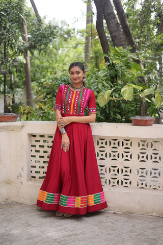 Maroon Designer Roman Fabric Gown with Multicolor Thread & Mirror Work ClothsVilla