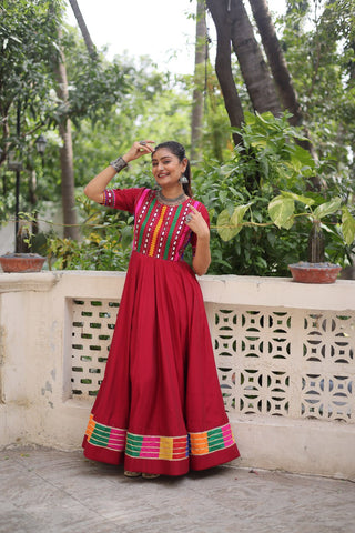 Maroon Designer Roman Fabric Gown with Multicolor Thread & Mirror Work ClothsVilla