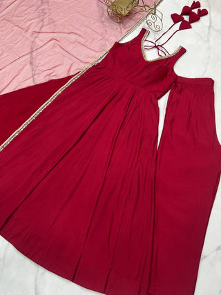 Maroon Designer Roman Silk Chanderi Anarkali Set with Dupatta & Pant ClothsVilla