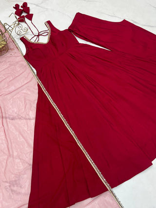 Maroon Designer Roman Silk Chanderi Anarkali Set with Dupatta & Pant ClothsVilla
