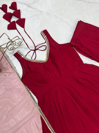 Maroon Designer Roman Silk Chanderi Anarkali Set with Dupatta & Pant ClothsVilla