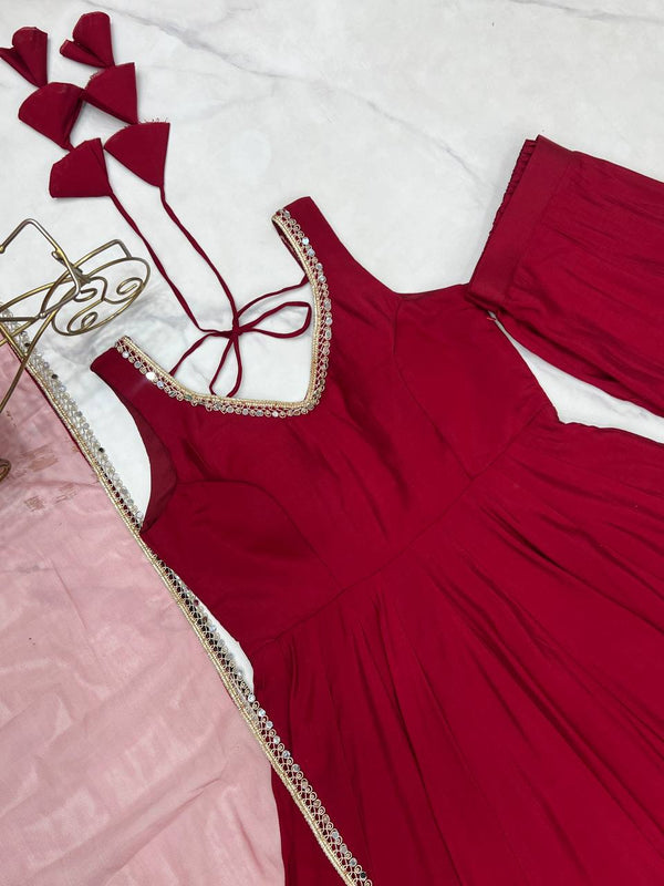 Maroon Designer Roman Silk Chanderi Anarkali Set with Dupatta & Pant ClothsVilla