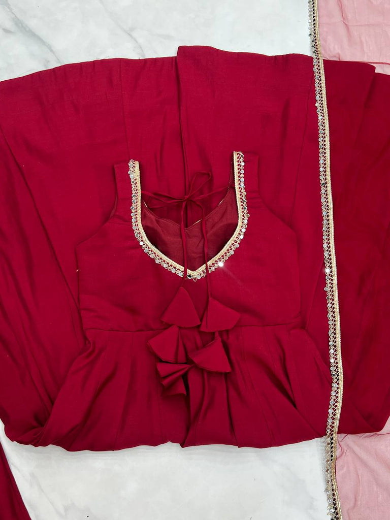 Maroon Designer Roman Silk Chanderi Anarkali Set with Dupatta & Pant ClothsVilla