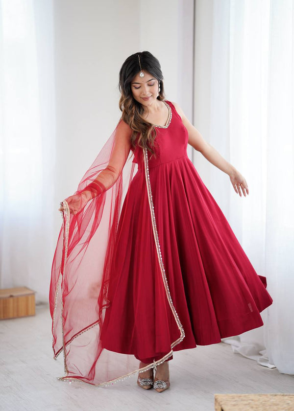 Maroon Designer Roman Silk Chanderi Anarkali Set with Dupatta & Pant ClothsVilla