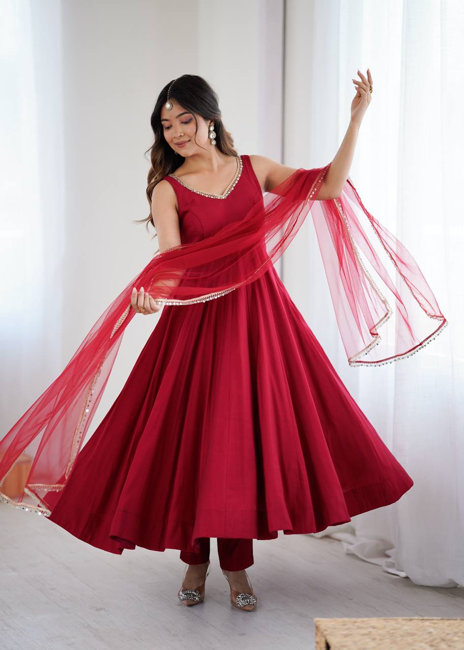 Maroon Designer Roman Silk Chanderi Anarkali Set with Dupatta & Pant ClothsVilla