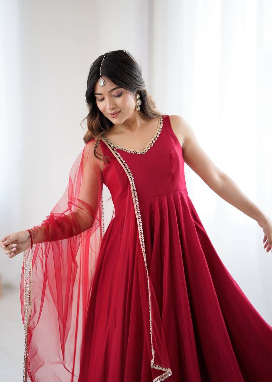 Maroon Designer Roman Silk Chanderi Anarkali Set with Dupatta & Pant ClothsVilla