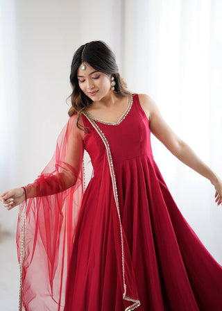 Maroon Designer Roman Silk Chanderi Anarkali Set with Dupatta & Pant ClothsVilla