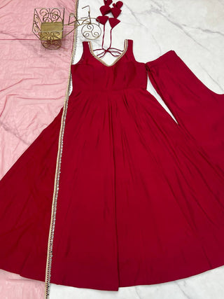 Maroon Designer Roman Silk Chanderi Anarkali Set with Dupatta & Pant ClothsVilla