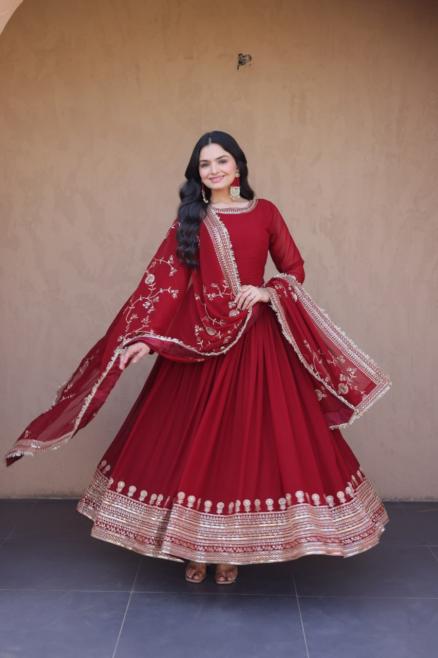 Maroon Designer Zari Sequins Gown ClothsVilla
